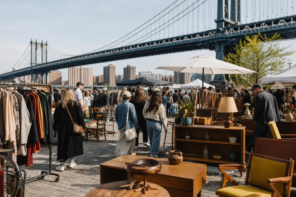 shoppers browsing antique and vintage market stalls at DUMBO Flea in New York City, New York State