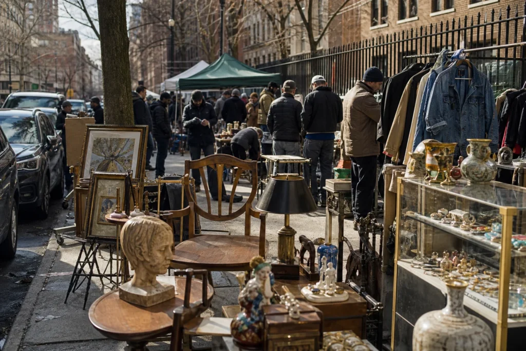 shoppers browsing antique and vintage market stalls at East 67th Street Market in New York City, New York State