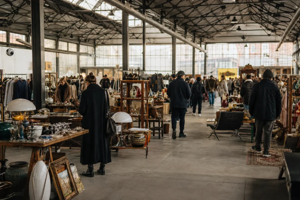 shoppers browsing antique and vintage market stalls at East Market Milano in Italy