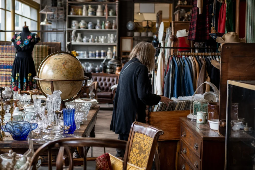 shoppers browsing antique and vintage market stalls at Eclectic Antiques Center in New Zealand