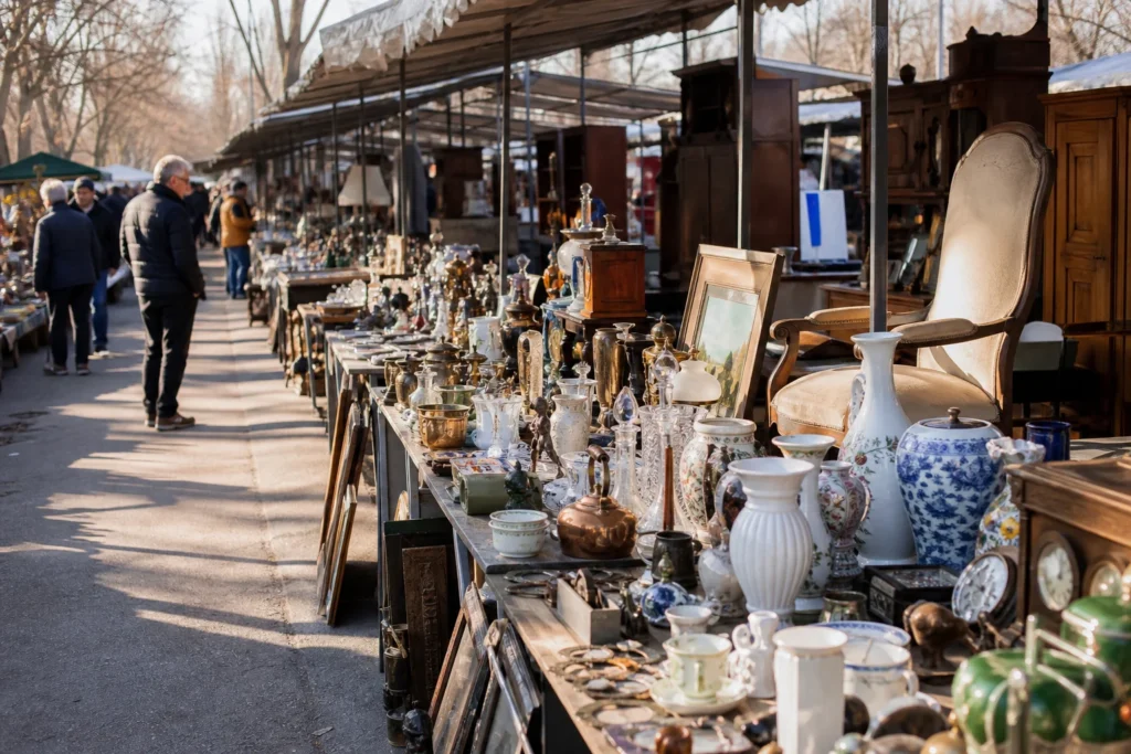 shoppers browsing antique and vintage market stalls at Ecseri Bolhapiac in Hungary