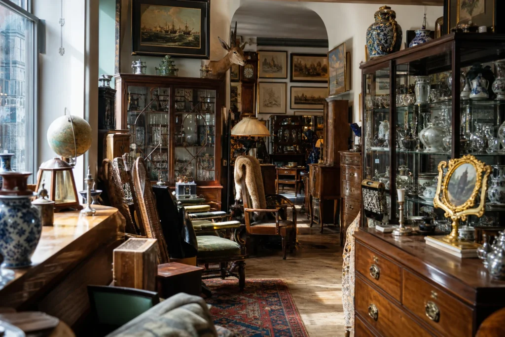 shoppers browsing antique and vintage market stalls at Edinburgh Antiques Center in United Kingdom