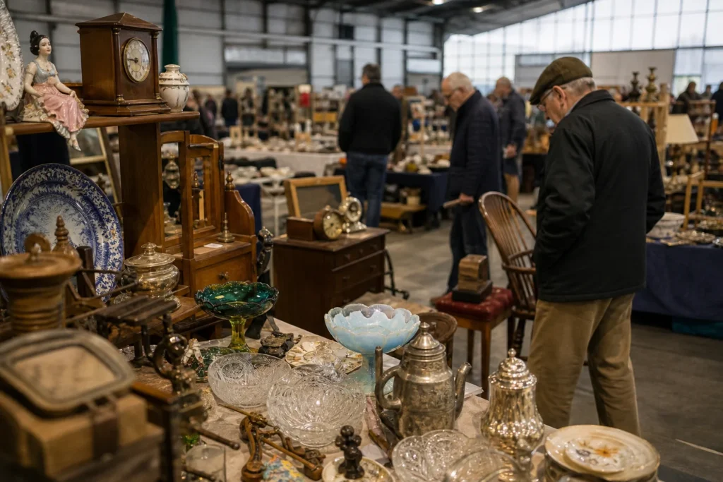 shoppers browsing antique and vintage market stalls at Edinburgh Antiques, Vintage & Collectors Fair in United Kingdom
