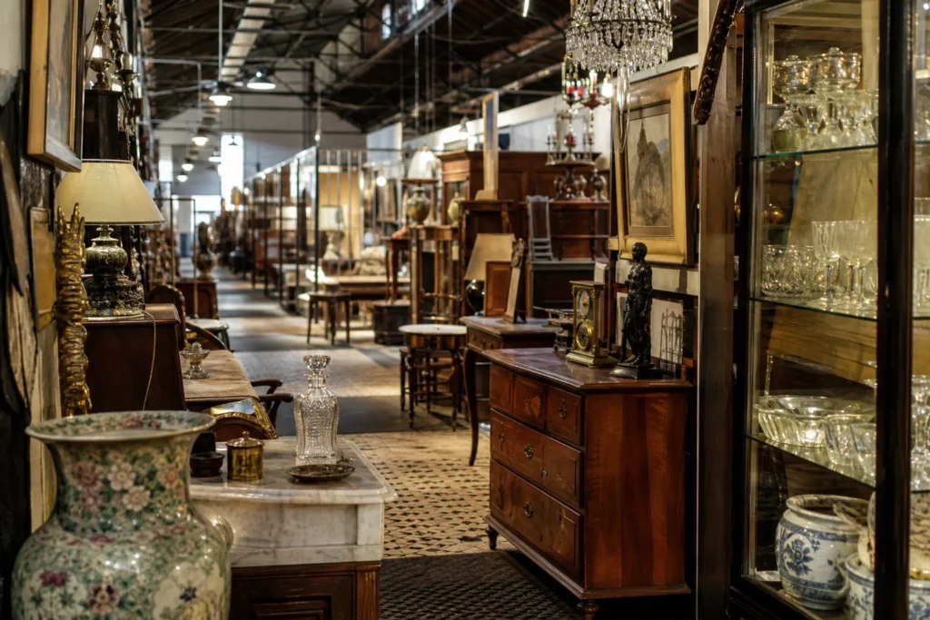 shoppers browsing antique and vintage market stalls at El Mercado de las Pulgas Dorrego in Argentina