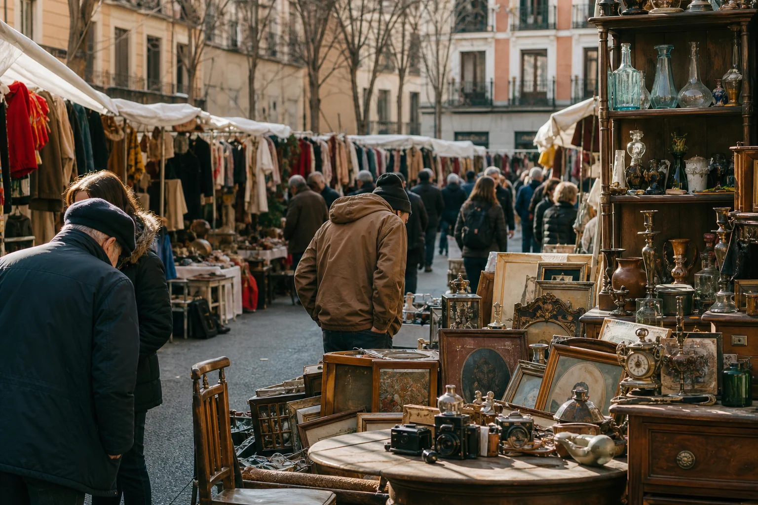 shoppers browsing antique and vintage market stalls at El Rastro de Madrid in Spain