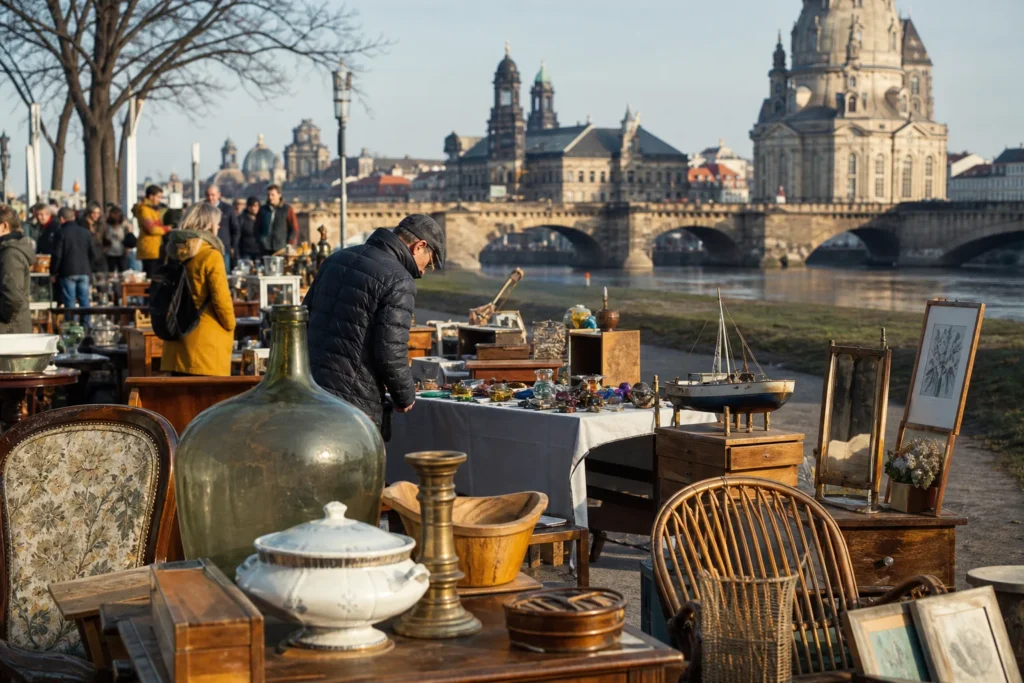 shoppers browsing antique and vintage market stalls at Elbeflohmarkt in Germany
