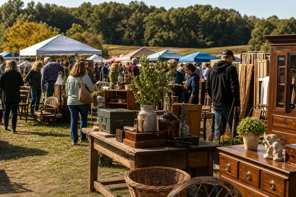 shoppers browsing antique and vintage market stalls at Elephant’s Trunk Country Flea Market in Connecticut