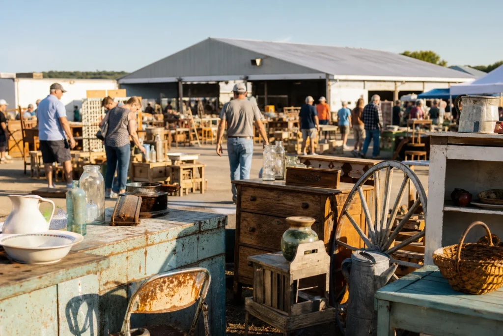 shoppers browsing antique and vintage market stalls at Elkhorn Antique Flea Market in Wisconsin