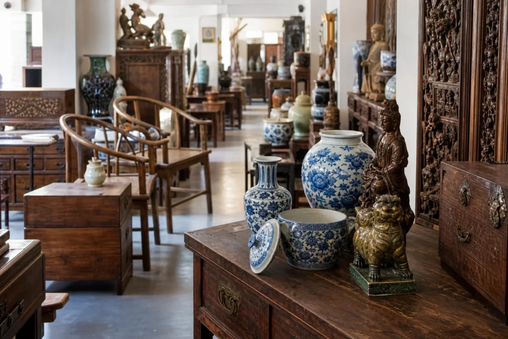 shoppers browsing antique and vintage market stalls at Emperor’s Attic in Singapore