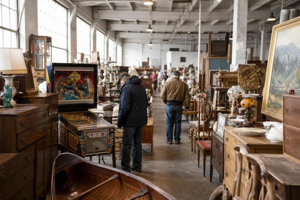 shoppers browsing antique and vintage market stalls at Encans Gelineau & Fils in Canada, Quebec