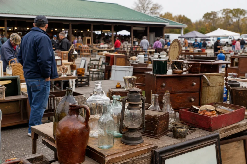 shoppers browsing antique and vintage market stalls at Englishtown Flea Market in New Jersey