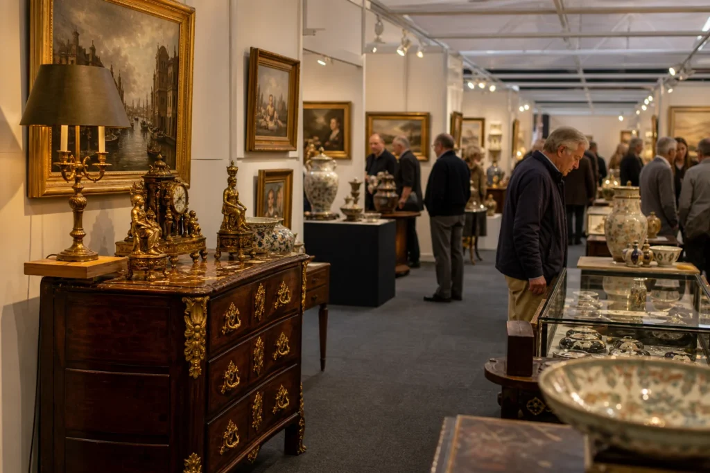shoppers browsing antique and vintage market stalls at Eurantica in Belgium