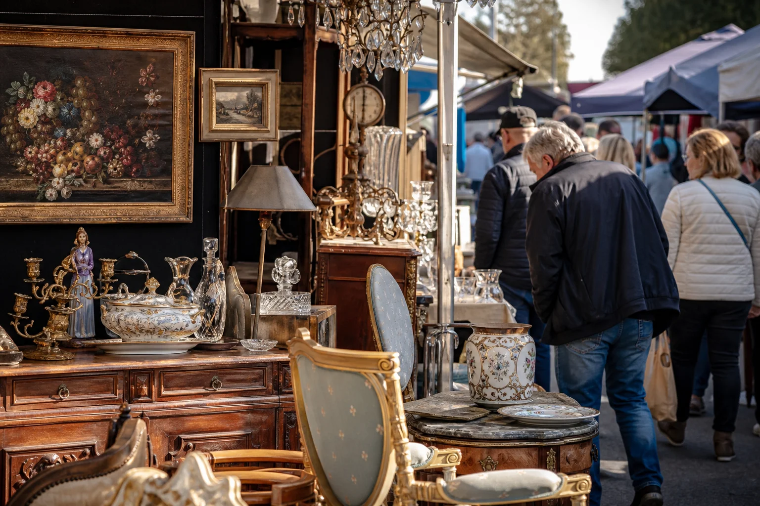 shoppers browsing antique and vintage market stalls at Eurometropolis-Brocante in Belgium