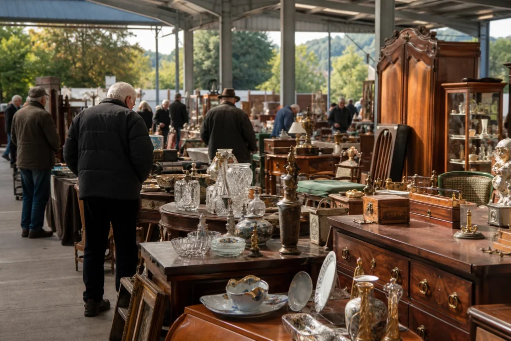 shoppers browsing antique and vintage market stalls at Exeter Matford Antique and Collectors Fair in United Kingdom