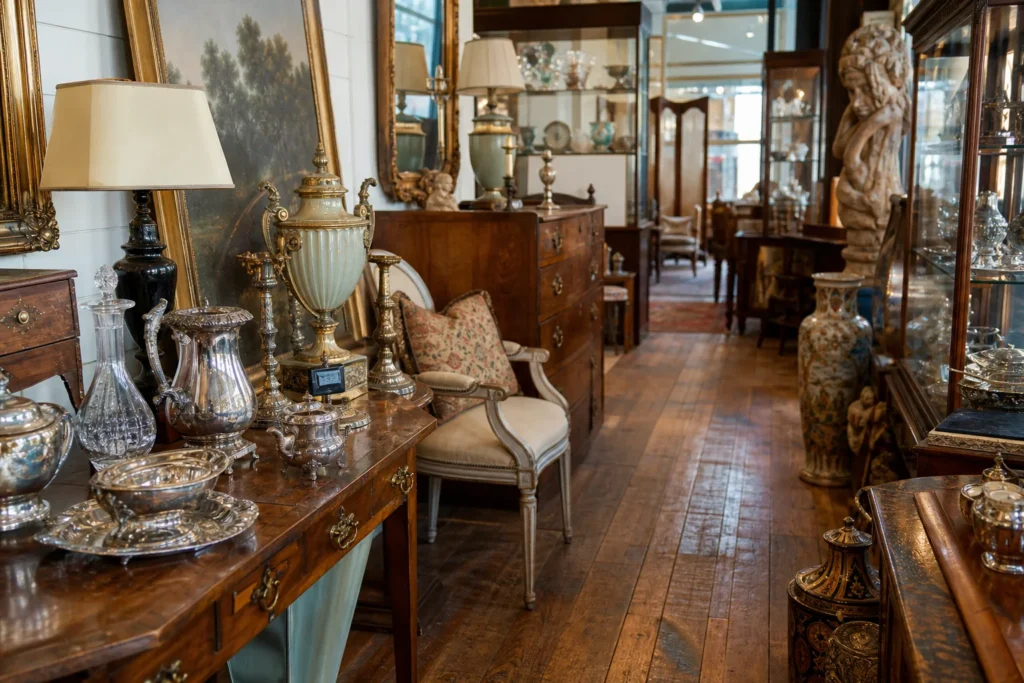 shoppers browsing antique and vintage market stalls at Fairhope’s Antique District in Alabama