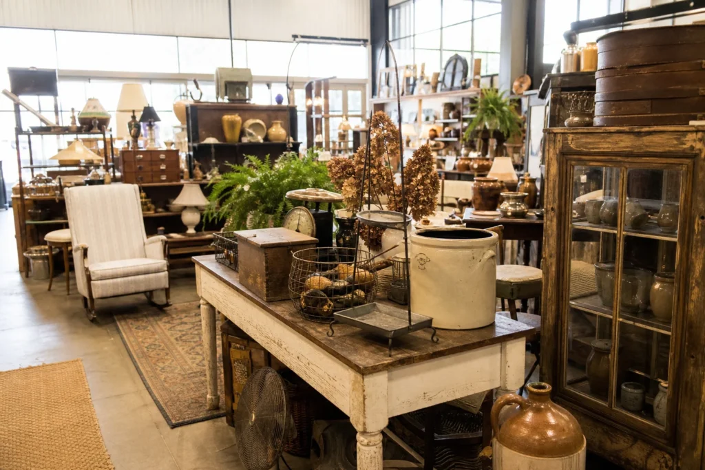 shoppers browsing antique and vintage market stalls at Fargo Antiques and Repurposed Market in North Dakota