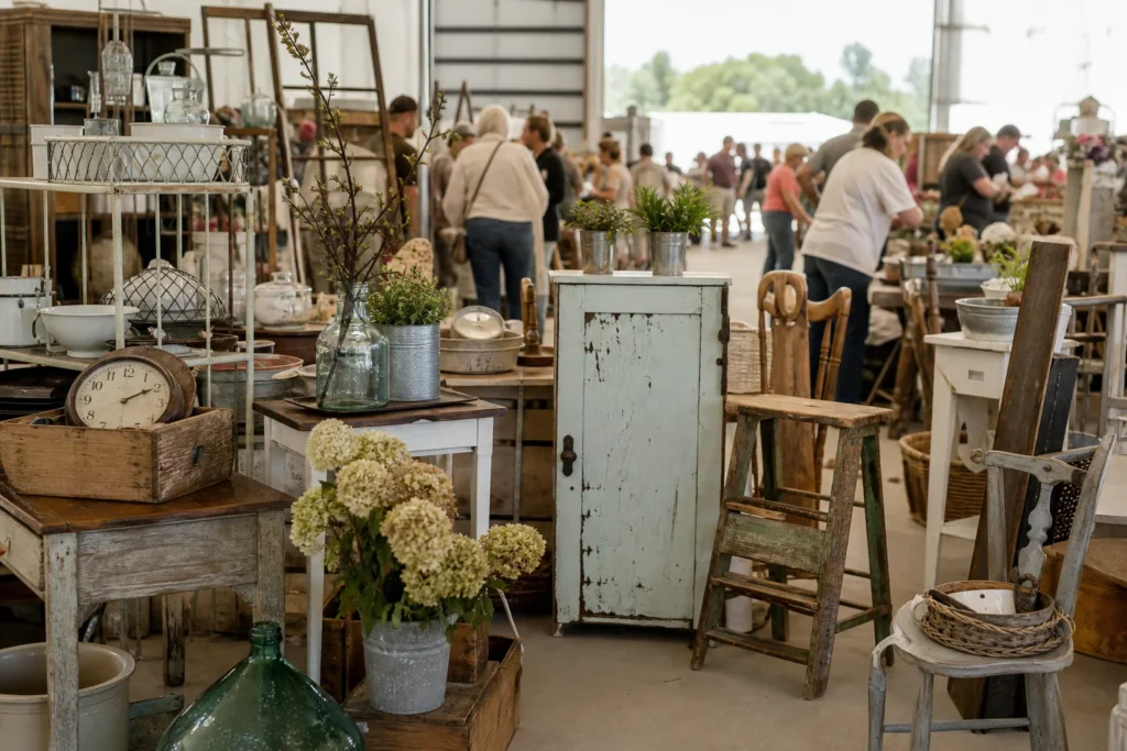 shoppers browsing antique and vintage market stalls at Farmgirl Flea Market in Michigan