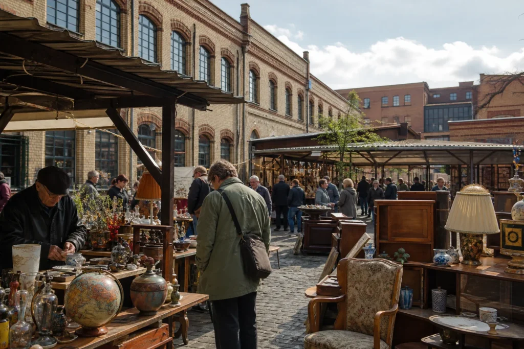shoppers browsing antique and vintage market stalls at Feinkost Flohmarkt in Germany