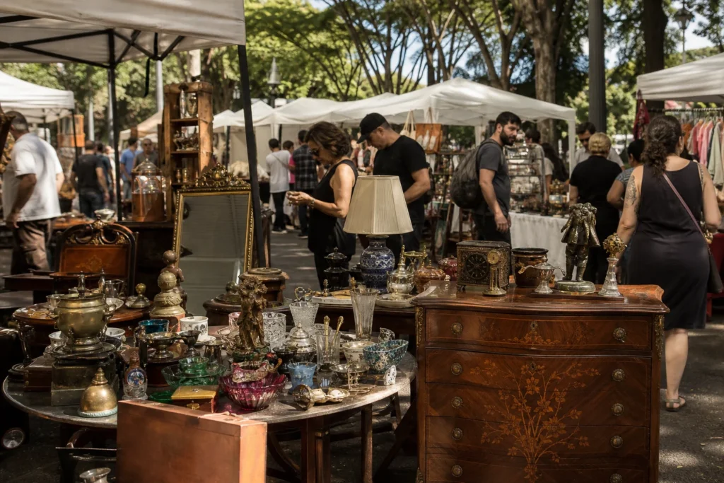 shoppers browsing antique and vintage market stalls at Feira da Praça Benedito Calixto in Brazil