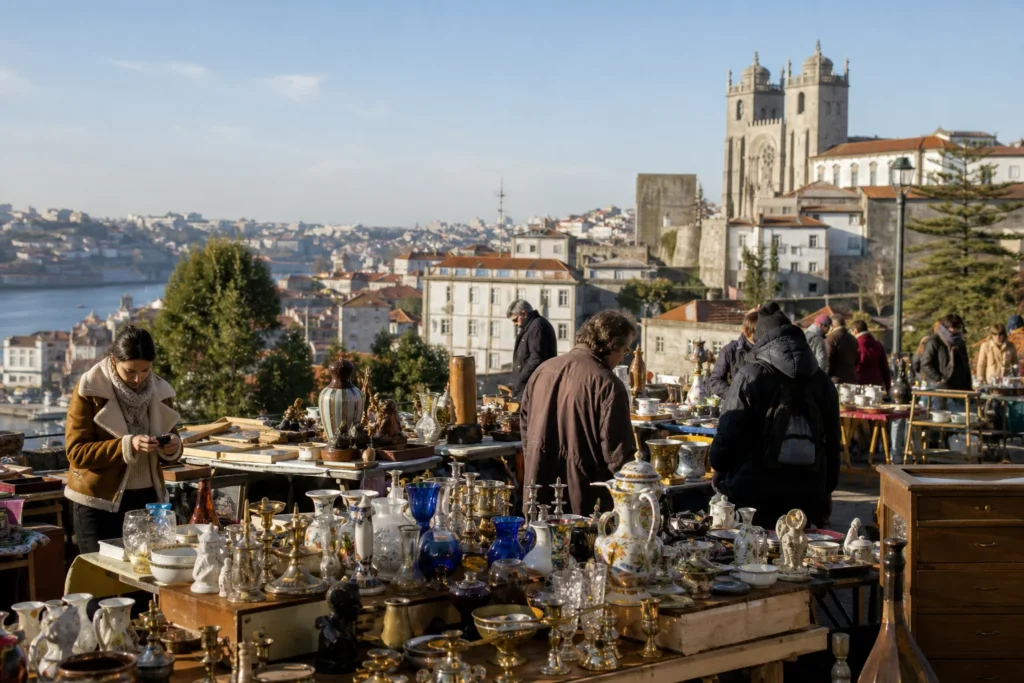 shoppers browsing antique and vintage market stalls at Feira da Vandoma in Portugal