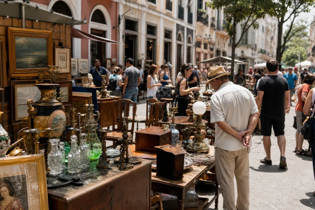 shoppers browsing antique and vintage market stalls at Feira do Lavradio in Brazil