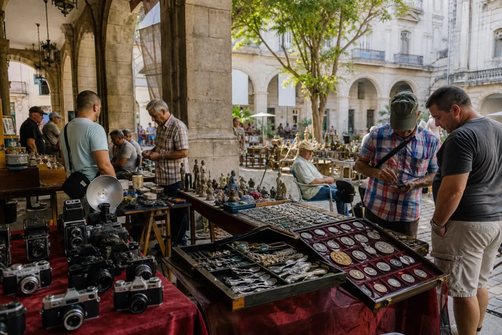 shoppers browsing antique and vintage market stalls at Feria de Publicaciones y Curiosidades in Cuba