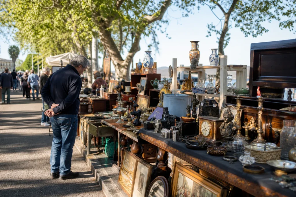 shoppers browsing antique and vintage market stalls at Feria del Anticuario in Argentina