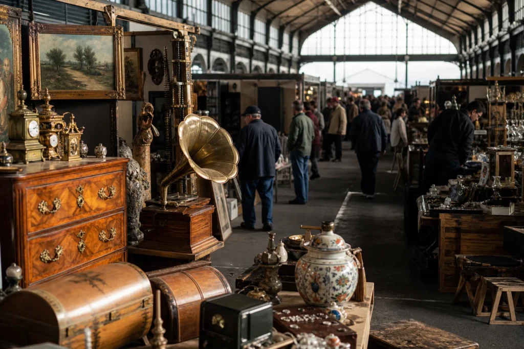 shoppers browsing antique and vintage market stalls at Feria Desembalaje in Spain