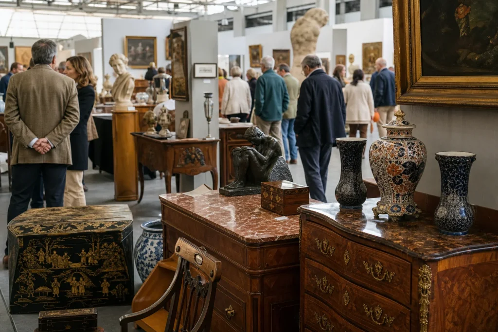 shoppers browsing antique and vintage market stalls at Feriarte in Spain