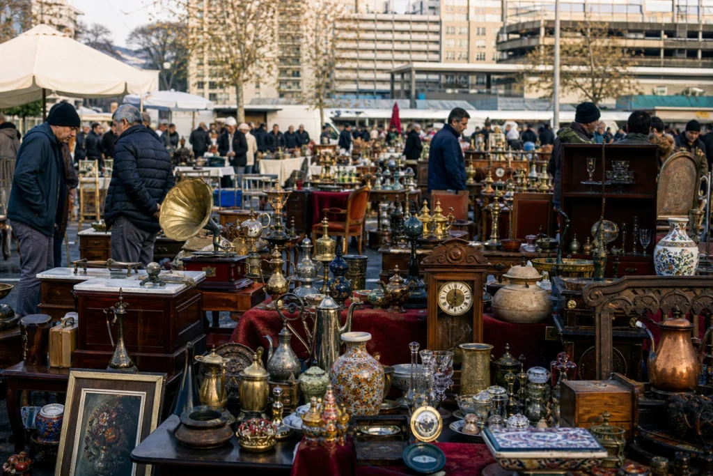 shoppers browsing antique and vintage market stalls at Feriköy Antiques Market in Turkey