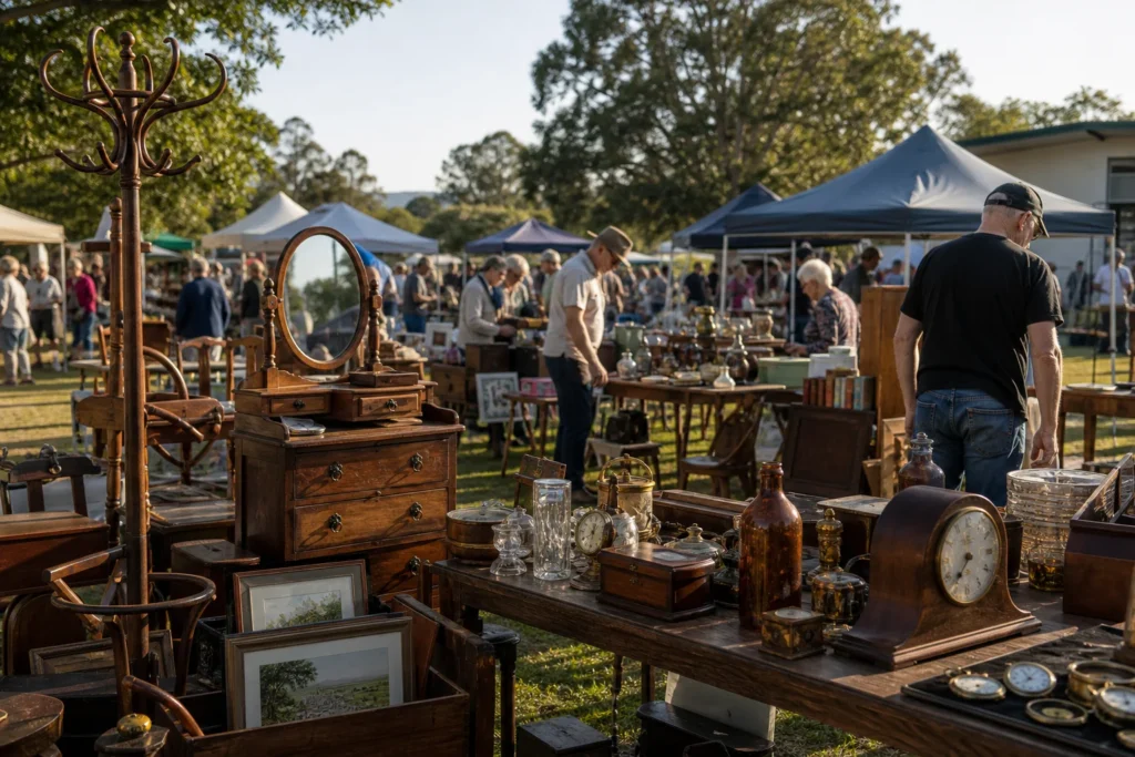 shoppers browsing antique and vintage market stalls at Fernvale Country Market in Queensland