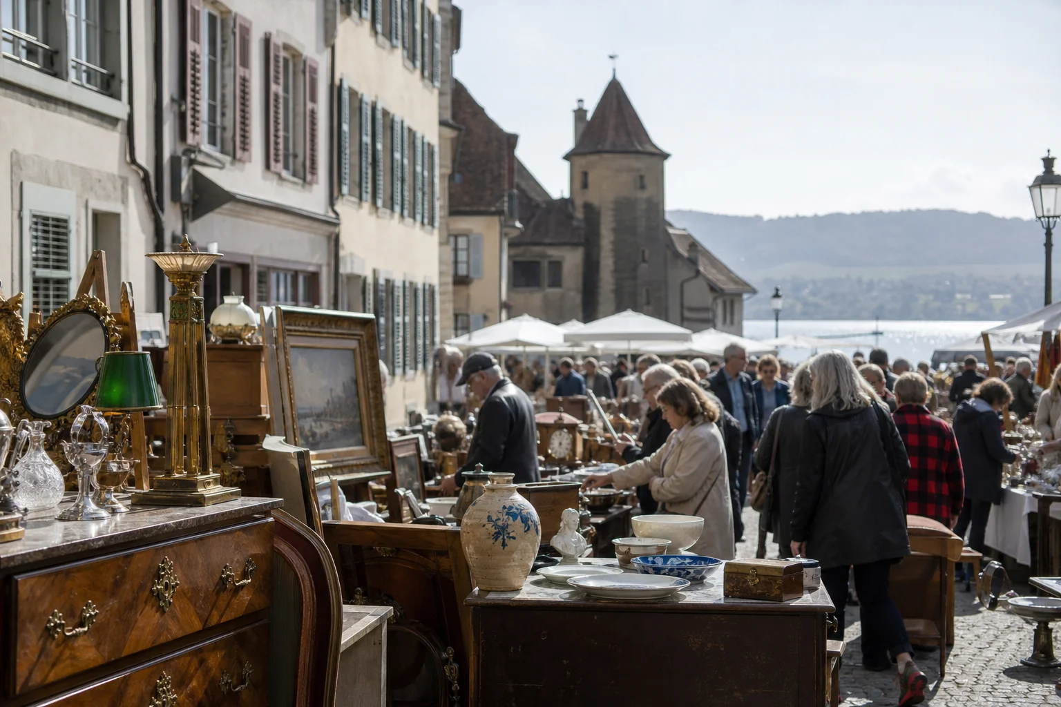 shoppers browsing antique and vintage market stalls at Fête de la Brocante Le Landeron in Switzerland