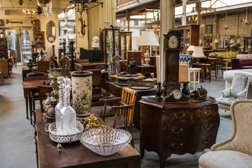 shoppers browsing antique and vintage market stalls at FGB Antiques in United Kingdom