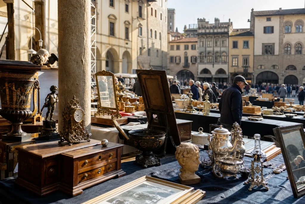 shoppers browsing antique and vintage market stalls at Fiera Antiquaria di Arezzo in Italy