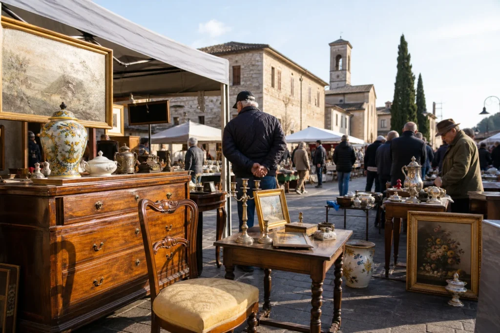 shoppers browsing antique and vintage market stalls at Fiera dell’Antiquariato e del Collezionismo di Pissignano in Italy