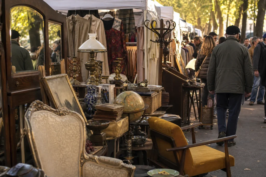 shoppers browsing antique and vintage market stalls at Fiera di Sinigaglia in Italy