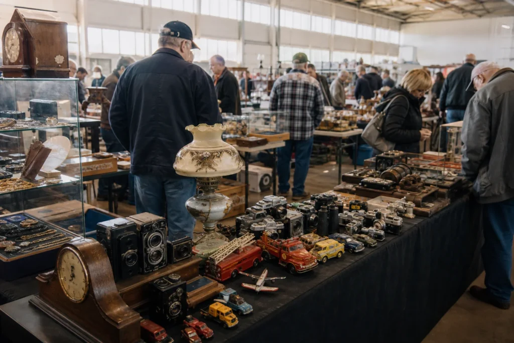 shoppers browsing antique and vintage market stalls at First Canadian Collectors Club Show and Sale in Alberta, Canada