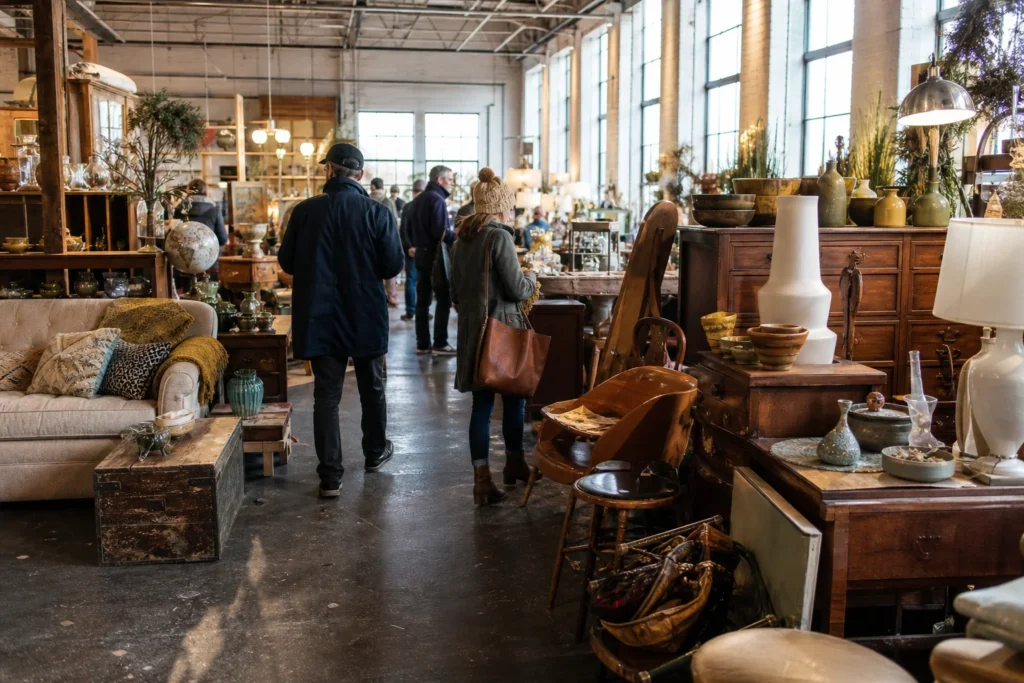 shoppers browsing antique and vintage market stalls at First Friday Festival Weekends at West Bottoms in Kansas City, Missouri