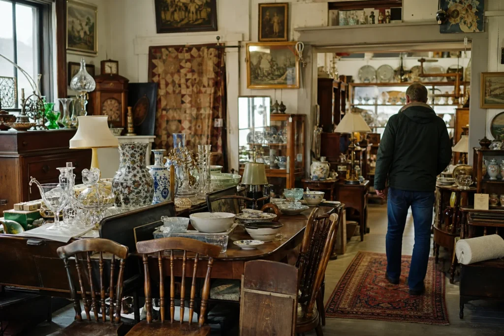 shoppers browsing antique and vintage market stalls at Five Corners Antiques in Vermont