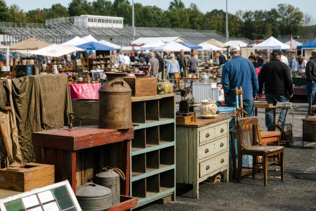 shoppers browsing antique and vintage market stalls at Flat Rock Speedway Flea Market in Michigan