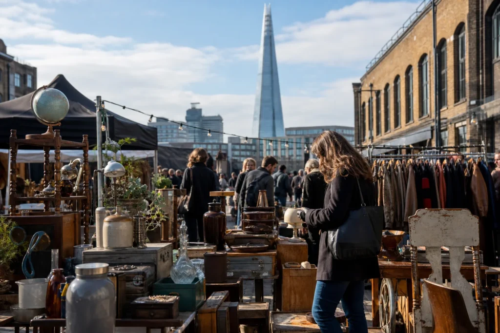 shoppers browsing antique and vintage market stalls at Flea at Vinegar Yard in London