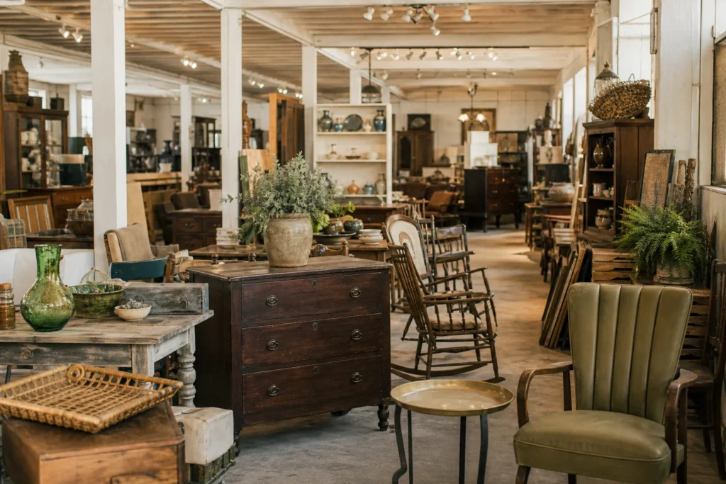 shoppers browsing antique and vintage market stalls at Flea Body’s in North Carolina