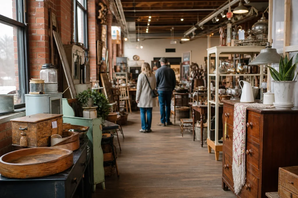 shoppers browsing antique and vintage market stalls at Flea Market at the Crossing in Connecticut