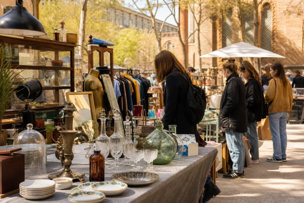 shoppers browsing antique and vintage market stalls at Flea Market BCN in Spain