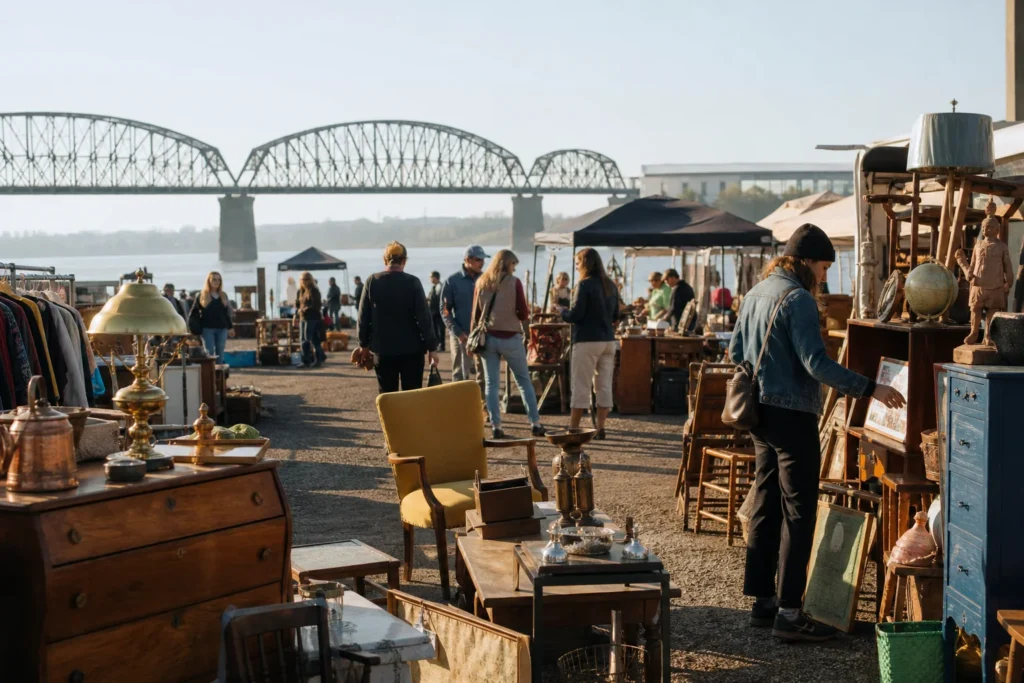 shoppers browsing antique and vintage market stalls at Fleur de Flea Vintage Urban Market in Kentucky