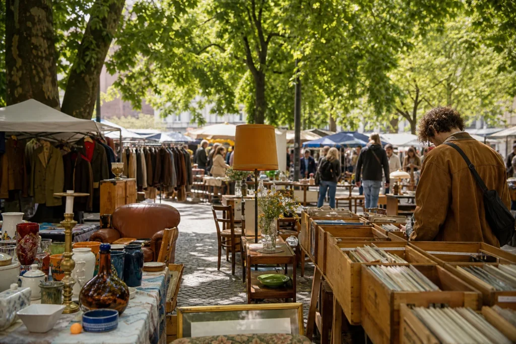 shoppers browsing antique and vintage market stalls at Flohmarkt am Boxhagener Platz in Berlin, Germany