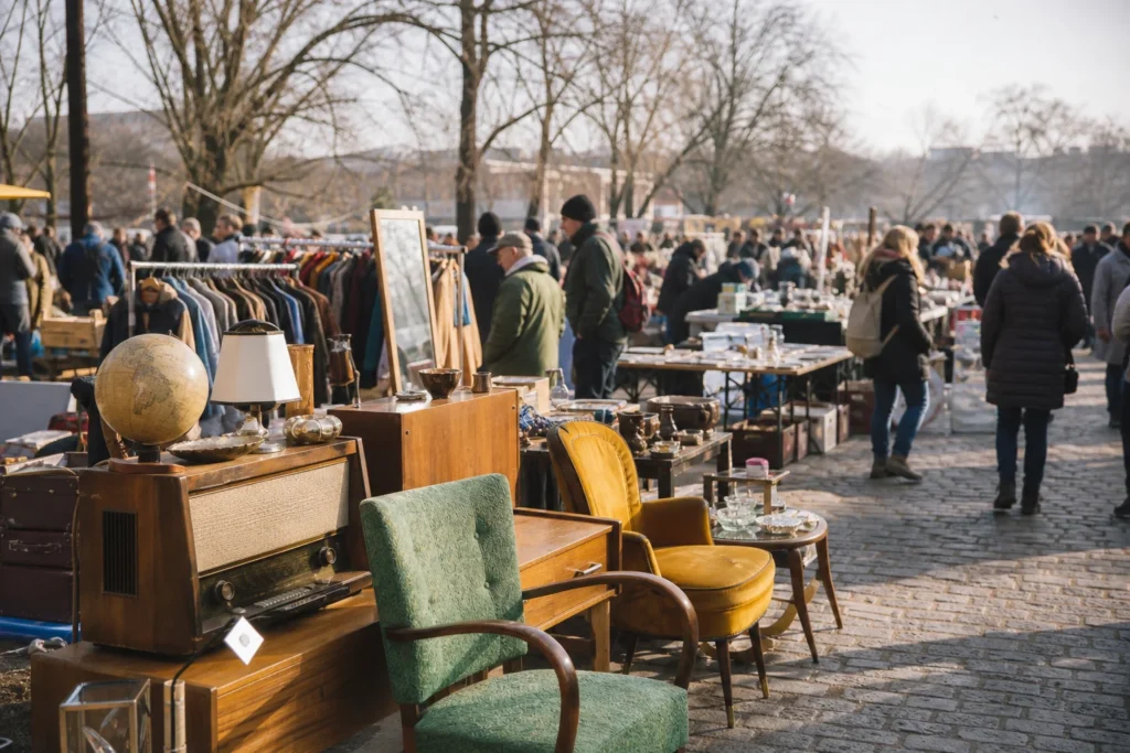 shoppers browsing antique and vintage market stalls at Flohmarkt am Mauerpark in Berlin, Germany