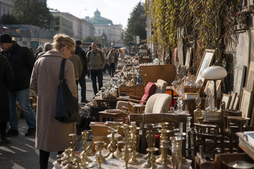 shoppers browsing antique and vintage market stalls at Flohmarkt am Naschmarkt in Austria