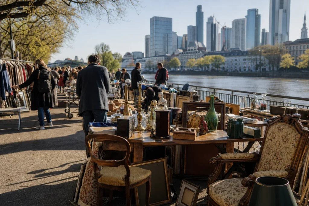 shoppers browsing antique and vintage market stalls at Flohmarkt am Schaumainkai in Germany