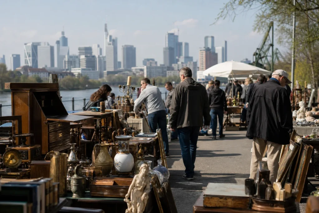 shoppers browsing antique and vintage market stalls at Flohmarkt an der Lindleystraße in Germany